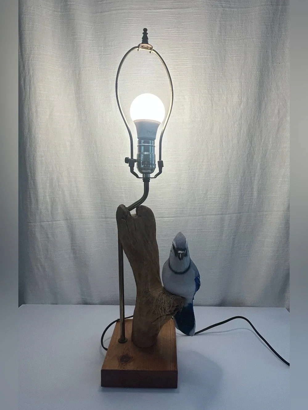 Likely Vintage Driftwood and Bluebird Maximalist Statue Working Lamp